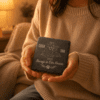 Warm lifestyle photograph of a person holding a personalized engraved slate coaster memorial featuring a dog and cat illustration, pet names “Coco” and “Tan,” and the phrase “Always in Our Hearts” in a cozy softly lit home setting.