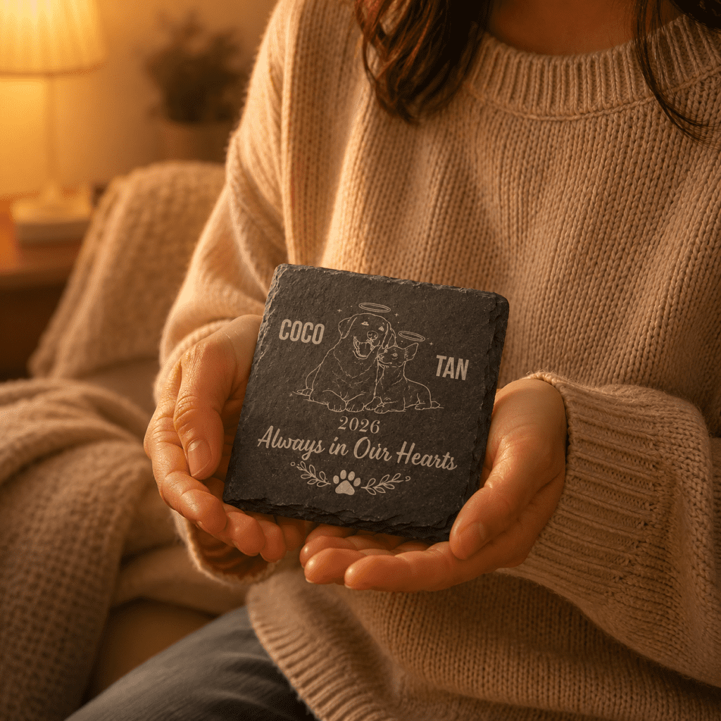 Warm lifestyle photograph of a person holding a personalized engraved slate coaster memorial featuring a dog and cat illustration, pet names “Coco” and “Tan,” and the phrase “Always in Our Hearts” in a cozy softly lit home setting.