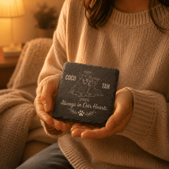 Warm lifestyle photograph of a person holding a personalized engraved slate coaster memorial featuring a dog and cat illustration, pet names “Coco” and “Tan,” and the phrase “Always in Our Hearts” in a cozy softly lit home setting.