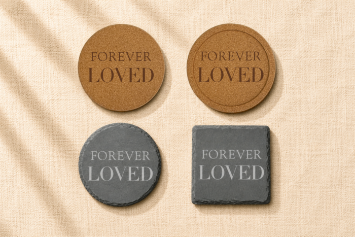 Comparison image showing four memorial coaster material and shape options, including round cork, engraved cork with border, round black slate, and square black slate, displayed on soft cream linen fabric.
