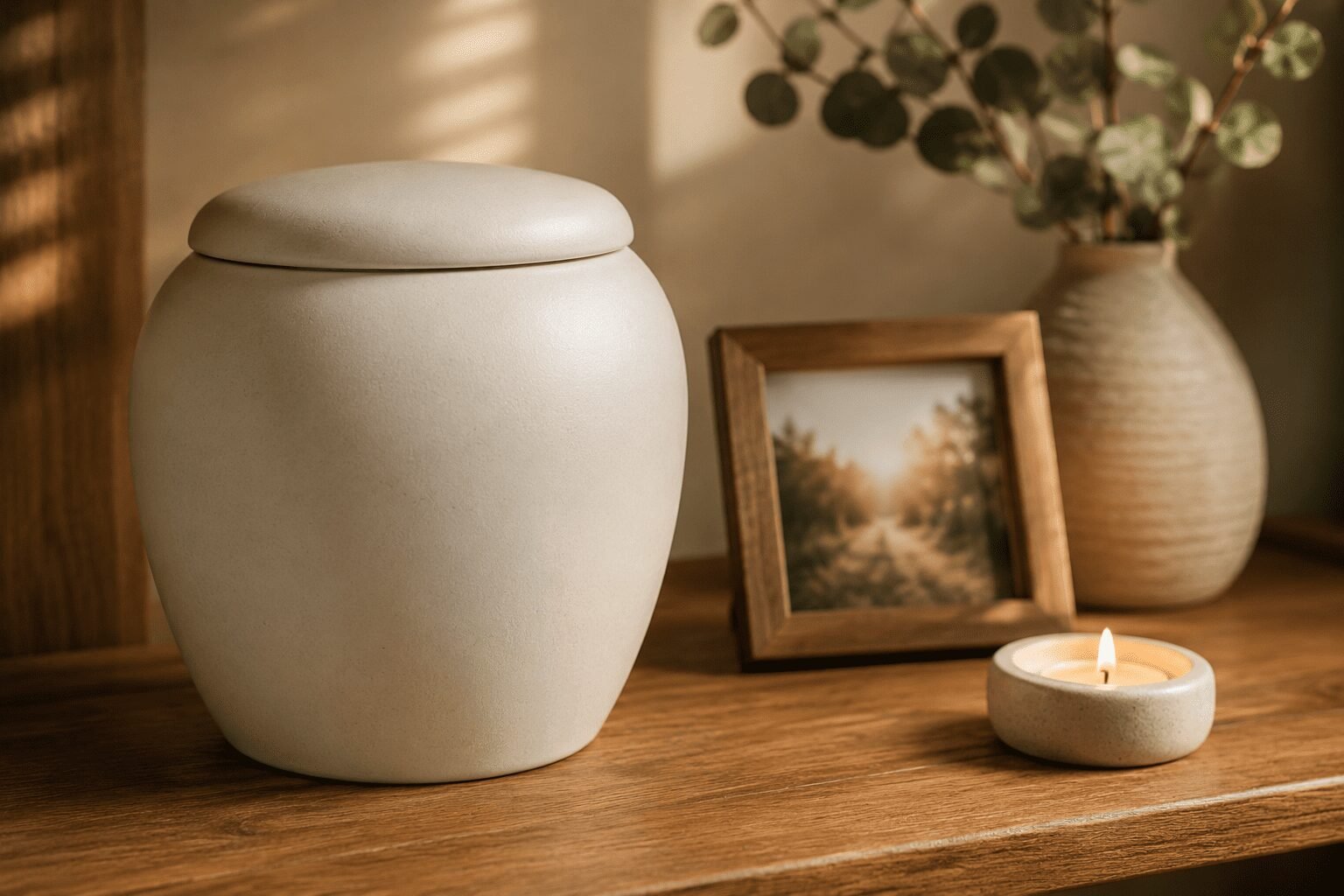 Quiet light, familiar warmth, and a space created to remember with love — simple memorial styling designed to feel peaceful and deeply personal.
