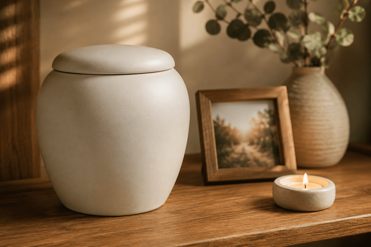 Quiet light, familiar warmth, and a space created to remember with love — simple memorial styling designed to feel peaceful and deeply personal.
