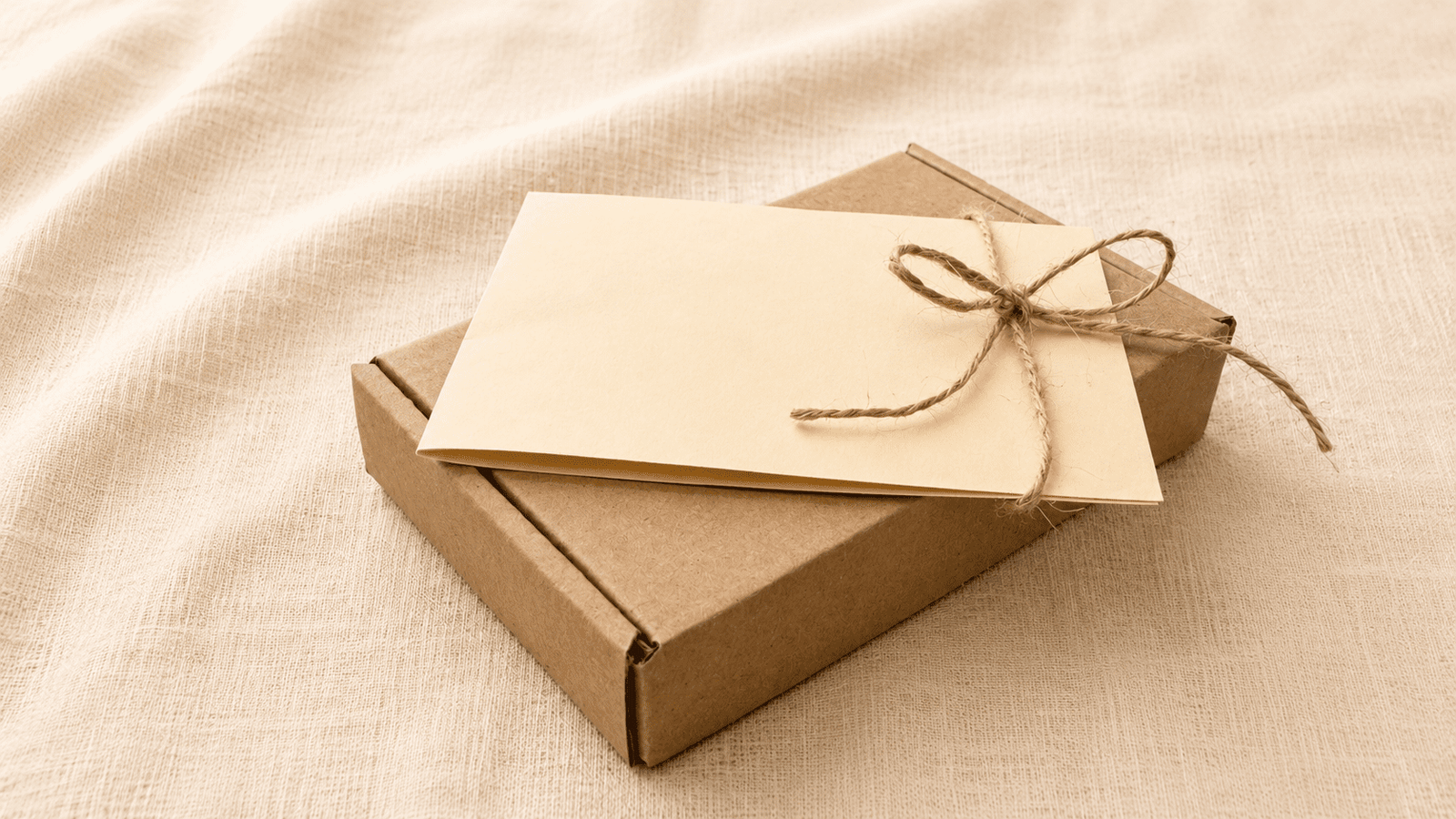 Minimal eco-friendly gift packaging featuring a kraft mailer box wrapped with rustic twine and a blank cream message card on soft beige linen fabric.