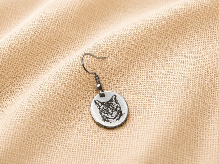 Minimalist Custom Cat Portrait Engraved Earring Close-up product photo of a single silver engraved cat portrait earring resting on soft cream linen fabric with warm natural lighting.