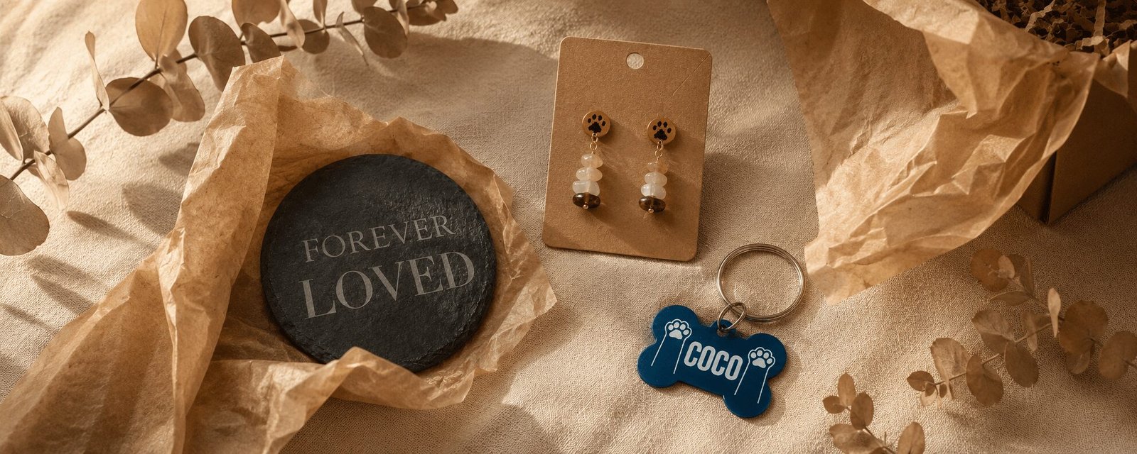 New Arrivals – Handmade Pet Memorial Gifts & Accessories Flat lay photograph of handcrafted pet memorial gifts including a slate coaster, crystal bead earrings with paw prints, and a personalized blue pet tag keychain styled with tissue paper and eucalyptus leaves under warm natural light.