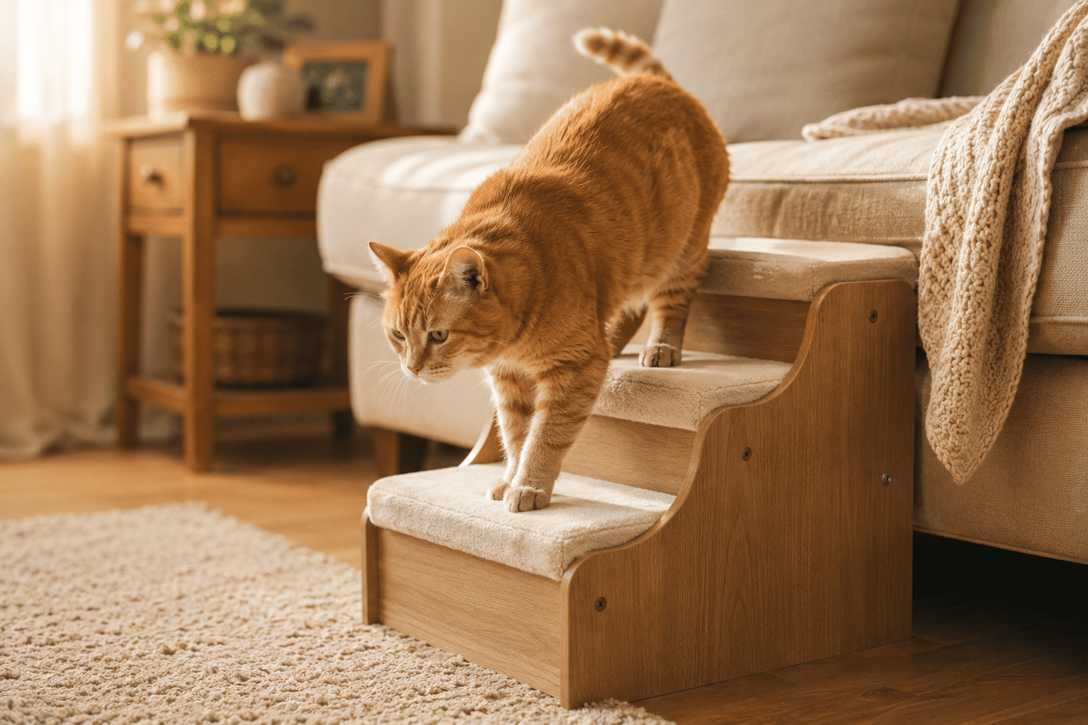 Orange tabby cat walking down soft carpeted wooden pet stairs beside a cozy sofa in a warm sunlit living room.