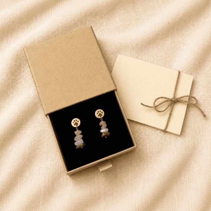 Gift-ready packaging photo featuring handmade paw print gemstone earrings displayed inside a kraft jewelry gift box with black velvet insert beside a tied message card on soft beige linen fabric.