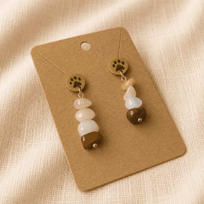 Close-up product photograph of handmade paw print gemstone earrings displayed on a kraft jewelry card over soft beige linen fabric, featuring warm earthy gemstone tones and gold accents.
