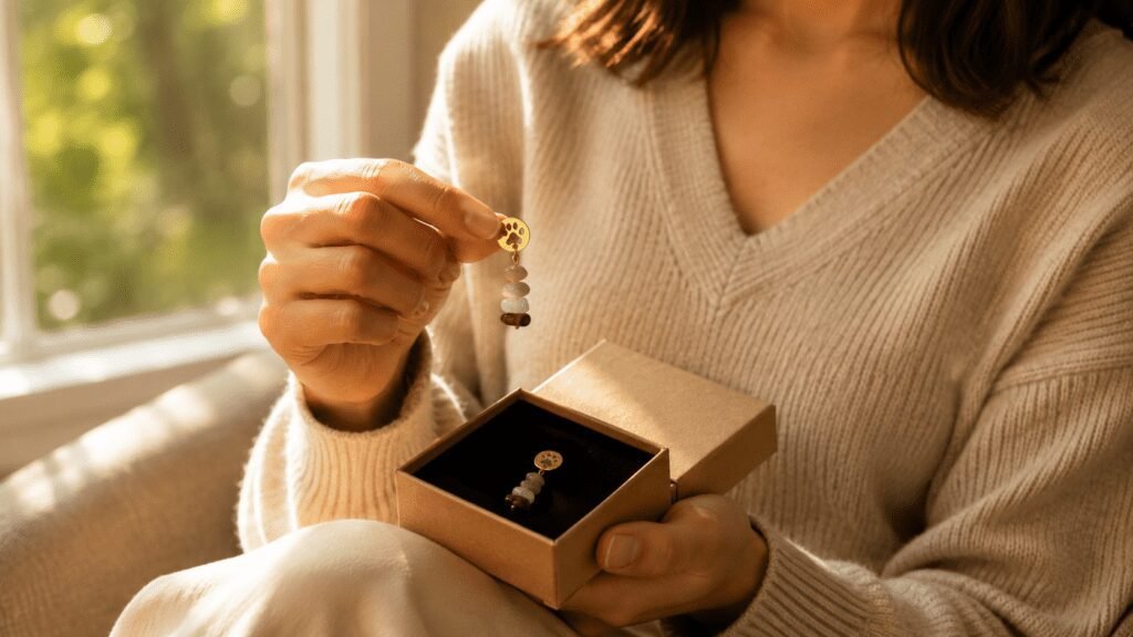 Warm lifestyle photo of a person holding handmade paw print gemstone earrings above a kraft jewelry gift box near a sunlit window, creating a cozy sentimental gifting atmosphere.