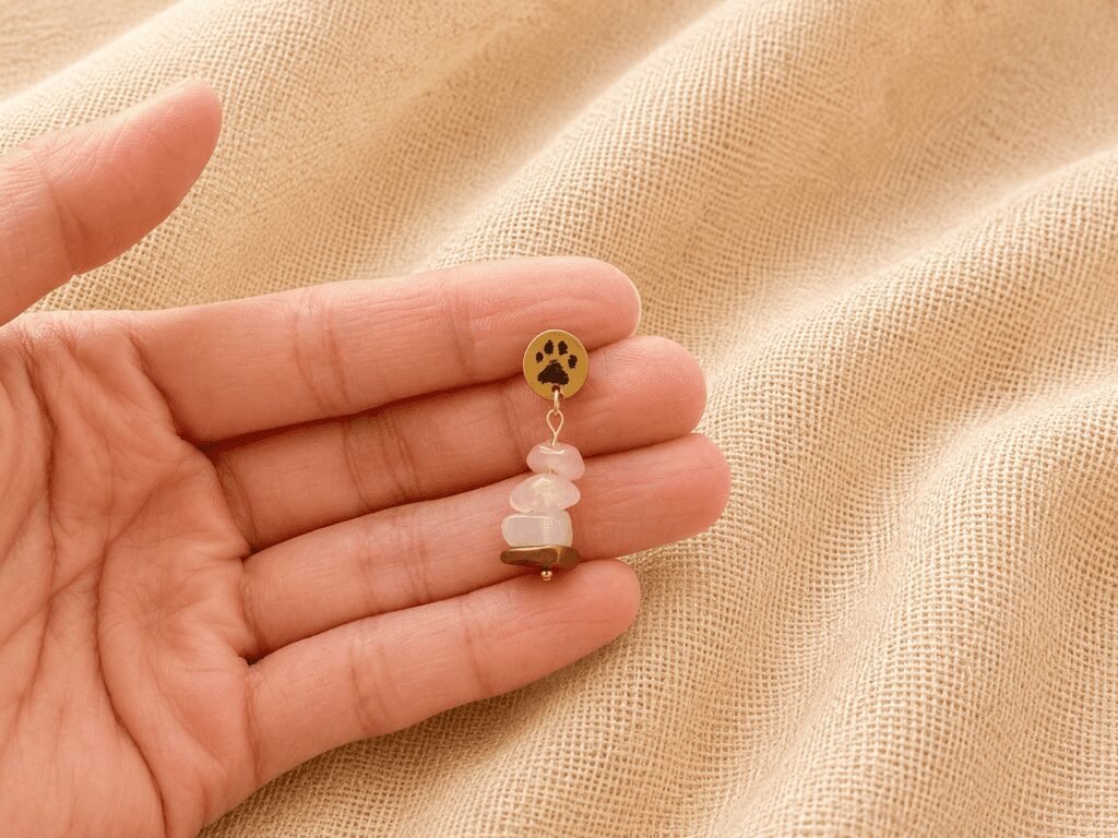 Hand holding a handmade paw print gemstone earring for size reference against soft beige linen fabric, showing the delicate scale and natural stone details.