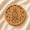 Personalized round cork pet coaster with a custom engraved cat portrait and paw print border displayed on soft neutral linen fabric.