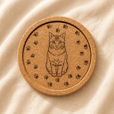 Personalized round cork pet coaster with a custom engraved cat portrait and paw print border displayed on soft neutral linen fabric.