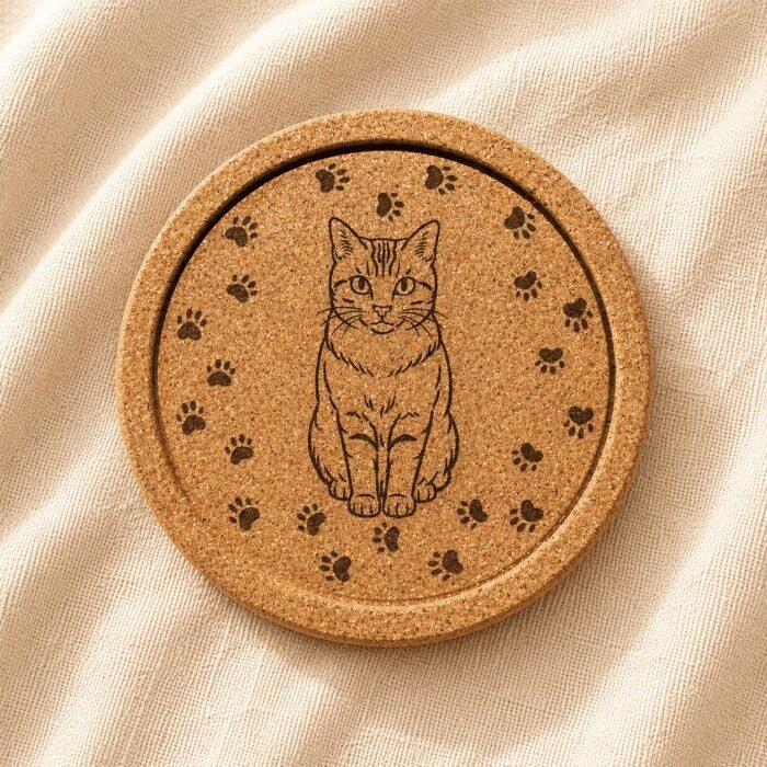 Personalized round cork pet coaster with a custom engraved cat portrait and paw print border displayed on soft neutral linen fabric.