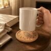 Lifestyle photo of a personalized cork pet coaster with a custom engraved cat portrait being used under a white coffee mug on a wooden table.