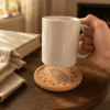 Lifestyle photo of a personalized cork pet coaster with a custom engraved cat portrait being used under a white coffee mug on a wooden table.