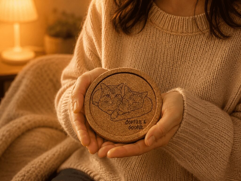 Woman in a cozy knit sweater gently holding a round engraved cork coaster featuring Coffee & Cookie cat artwork in warm ambient lighting.