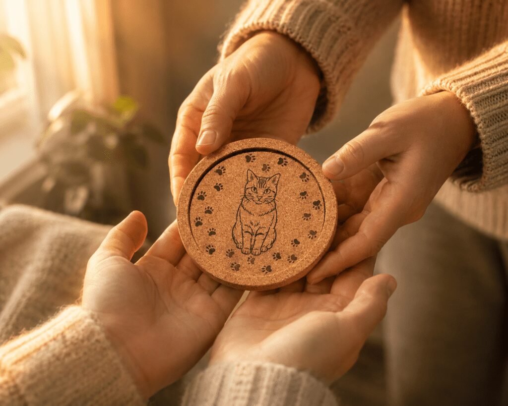 Hands exchanging a personalized engraved cork pet memorial coaster featuring custom cat artwork and paw print border in a warm cozy home setting.