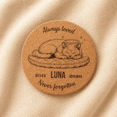 Top-down product photograph of a personalized round cork pet memorial coaster engraved with a sleeping cat illustration, the name Luna, memorial years 2011–2026, and the phrase “Never forgotten,” displayed on soft cream linen fabric.