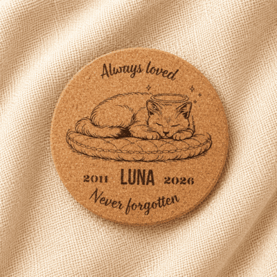Top-down product photograph of a personalized round cork pet memorial coaster engraved with a sleeping cat illustration, the name Luna, memorial years 2011–2026, and the phrase “Never forgotten,” displayed on soft cream linen fabric.