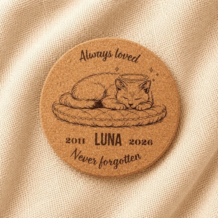 Top-down product photograph of a personalized round cork pet memorial coaster engraved with a sleeping cat illustration, the name Luna, memorial years 2011–2026, and the phrase “Never forgotten,” displayed on soft cream linen fabric.