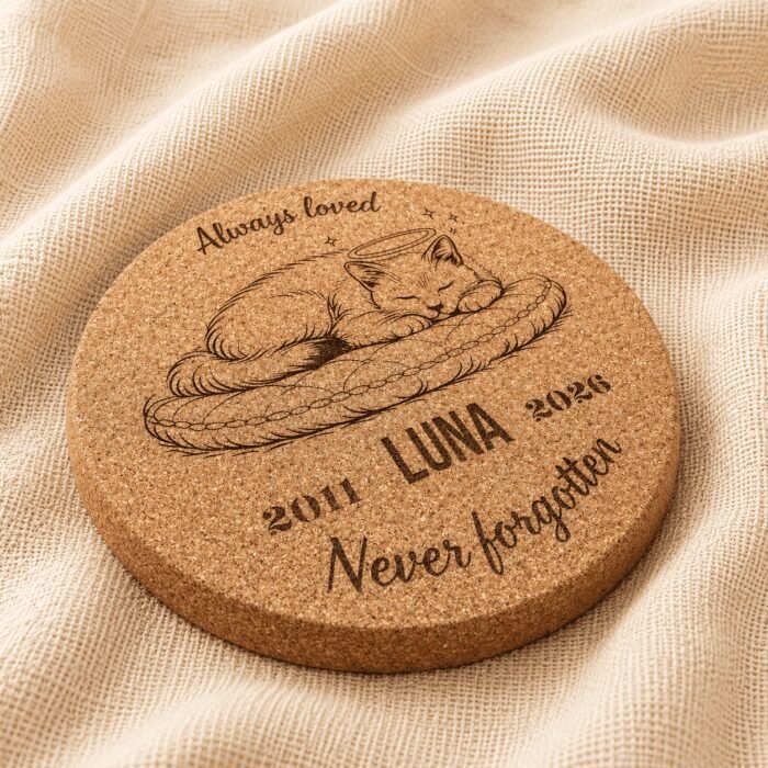 Close-up angled photograph of a personalized round cork pet memorial coaster engraved with a sleeping cat illustration, the name Luna, memorial years 2011–2026, and the phrase “Never forgotten,” displayed on soft neutral linen fabric.
