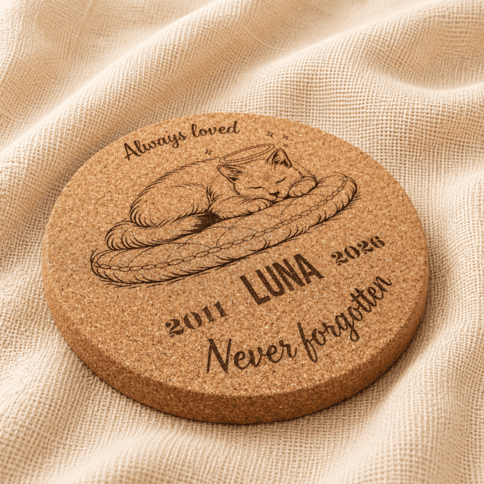 Close-up angled photograph of a personalized round cork pet memorial coaster engraved with a sleeping cat illustration, the name Luna, memorial years 2011–2026, and the phrase “Never forgotten,” displayed on soft neutral linen fabric.