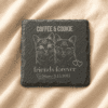 Personalized Engraved Slate Pet Memorial Coaster with Custom Pet Portrait Personalized engraved square slate pet memorial coaster featuring custom cat portrait artwork, family name engraving, and commemorative text displayed on soft cream linen fabric.