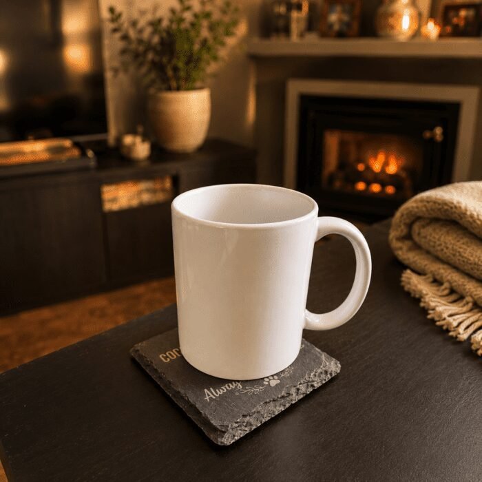 Personalized Memorial Coaster in a Cozy Home Setting Warm lifestyle photograph of a white mug resting on a personalized slate memorial coaster beside a fireplace in a cozy living room setting.