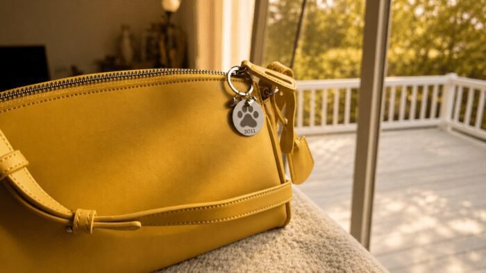 Warm lifestyle photo of a yellow handbag by a sunlit window with a personalized paw print memorial charm attached to the zipper, featuring the year “2011.”