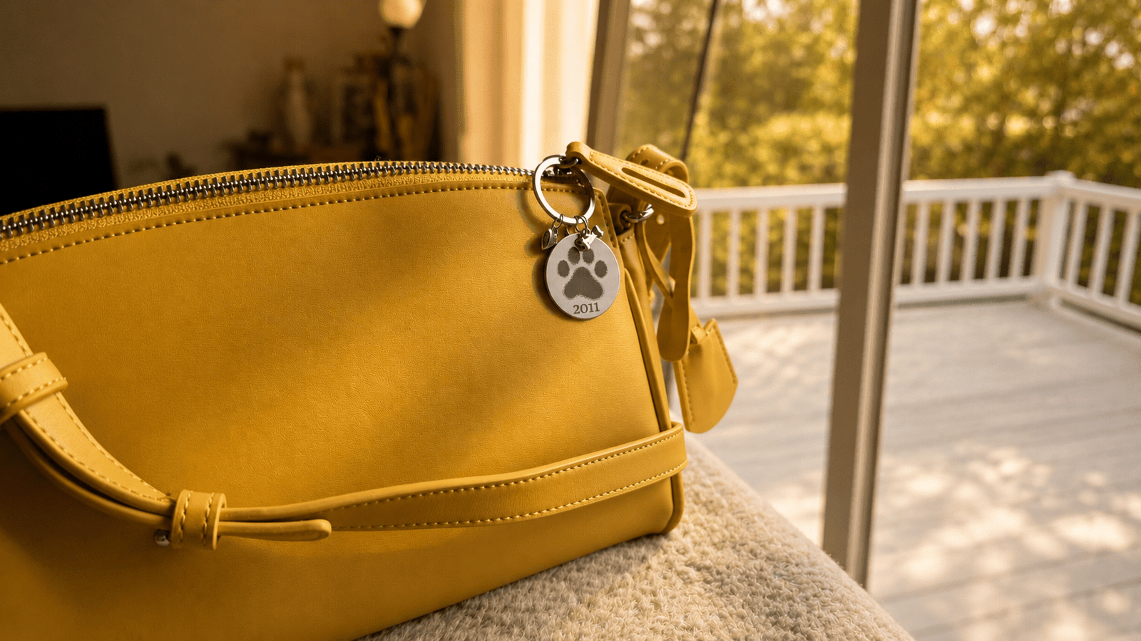 Warm lifestyle photo of a yellow handbag by a sunlit window with a personalized paw print memorial charm attached to the zipper, featuring the year “2011.”