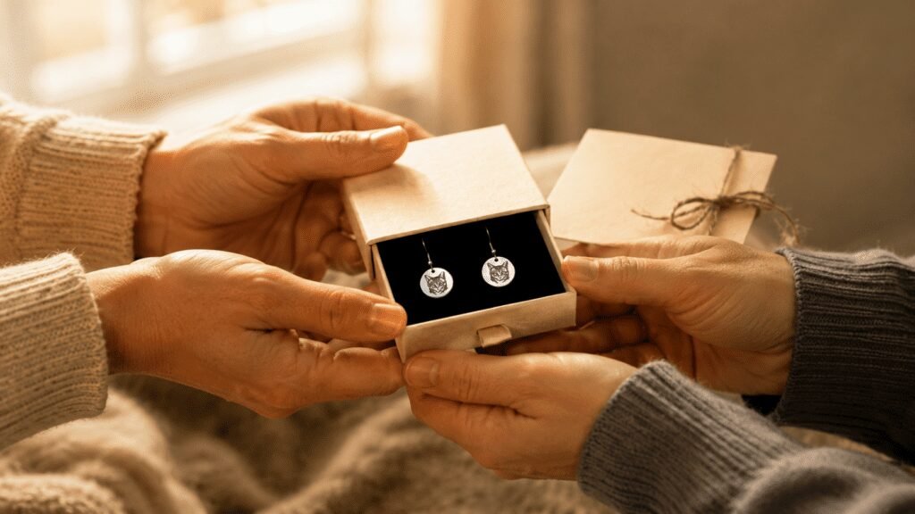 Two people exchanging a gift box containing personalized engraved pet earrings, with a handwritten card beside it in warm cozy lighting.