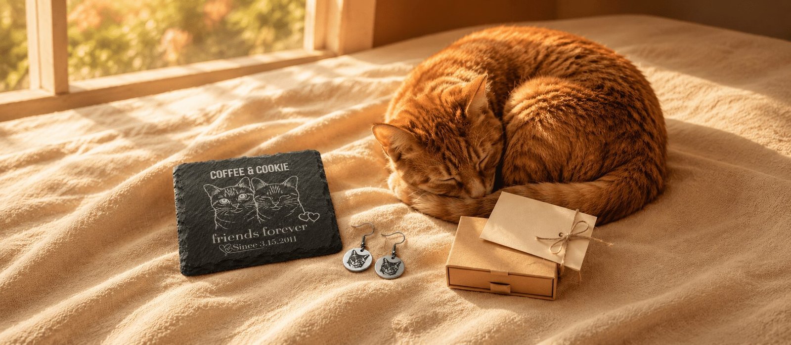 Warm lifestyle photograph of an orange tabby cat sleeping beside personalized pet memorial gifts including an engraved slate coaster, custom pet earrings, gift box, and handwritten card on soft cream bedding in golden sunlight.