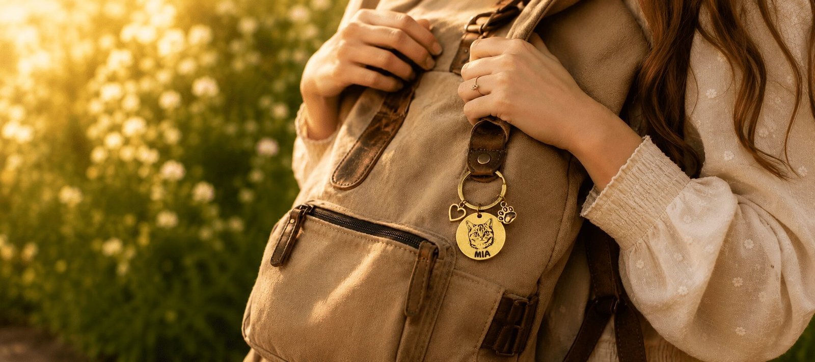 Personalized Pet Keychain for Everyday Carry Warm golden-hour lifestyle photograph of a personalized engraved pet keychain attached to a beige backpack, held by a woman outdoors among soft sunlit flowers.