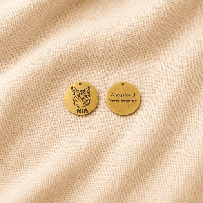 Front and back view of a personalized gold pet memorial charm displayed on cream linen fabric, featuring an engraved cat portrait and the message “Always loved Never forgotten.”