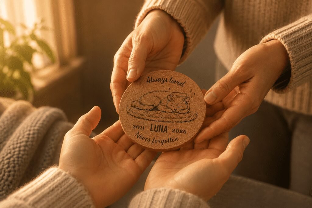 Two people exchanging a personalized cork pet memorial coaster engraved with a sleeping cat illustration and the name Luna in warm golden light.