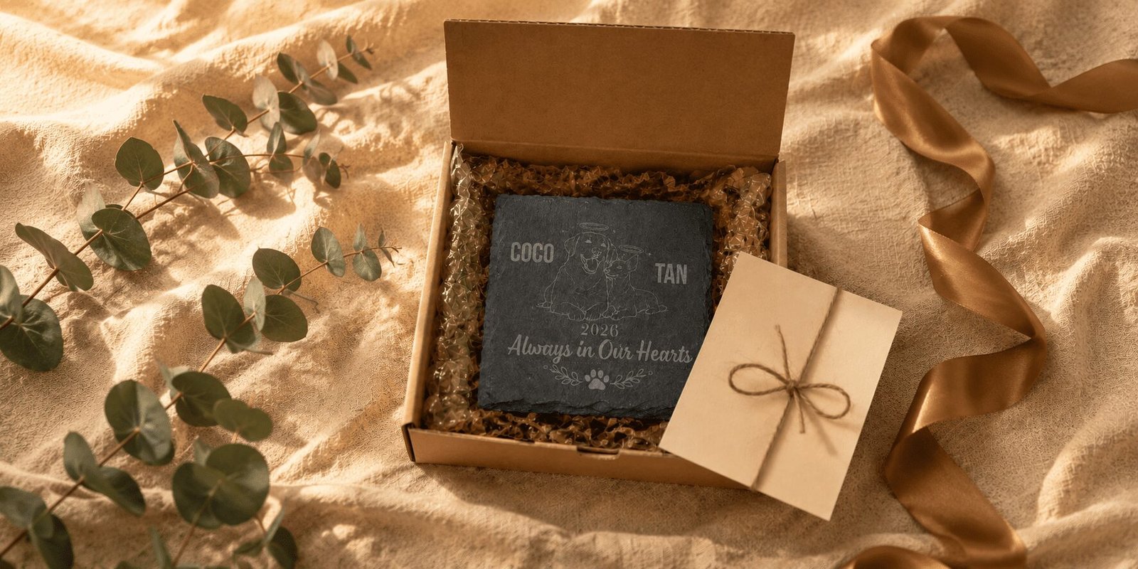 Elegant gift box presentation featuring a personalized engraved pet memorial slate coaster nestled in kraft crinkle paper beside a handwritten card and satin ribbon on warm cream linen fabric with soft golden sunlight.