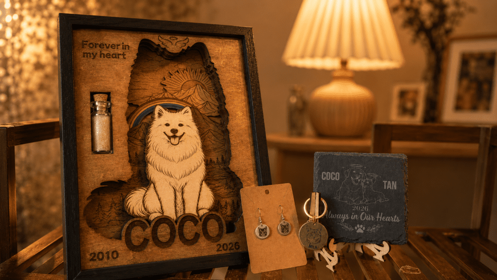 Personalized pet memorial gift collection displayed in a warm home setting, featuring a custom wooden shadow box, engraved slate coaster, pet portrait earrings, and personalized pet keychain on a wooden table.