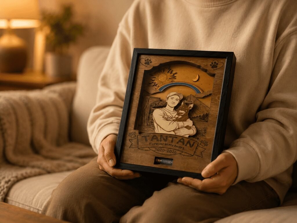 Person sitting on a couch holding a personalized wooden pet memorial shadow box in a warm cozy living room setting.