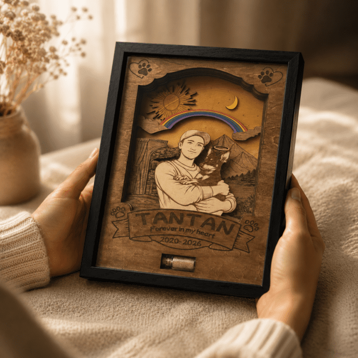 Hands holding a personalized wooden pet memorial shadow box featuring engraved portrait artwork, rainbow bridge design, and keepsake vial in warm cozy lighting.