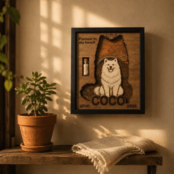 Warm lifestyle scene featuring a personalized wooden pet memorial shadow box hanging on a wall above a rustic shelf beside a potted plant in golden sunlight.