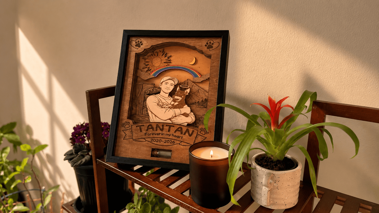 Warm home lifestyle photo of a personalized wooden pet memorial shadow box displayed on a wooden chair beside houseplants and a lit candle in golden afternoon sunlight.