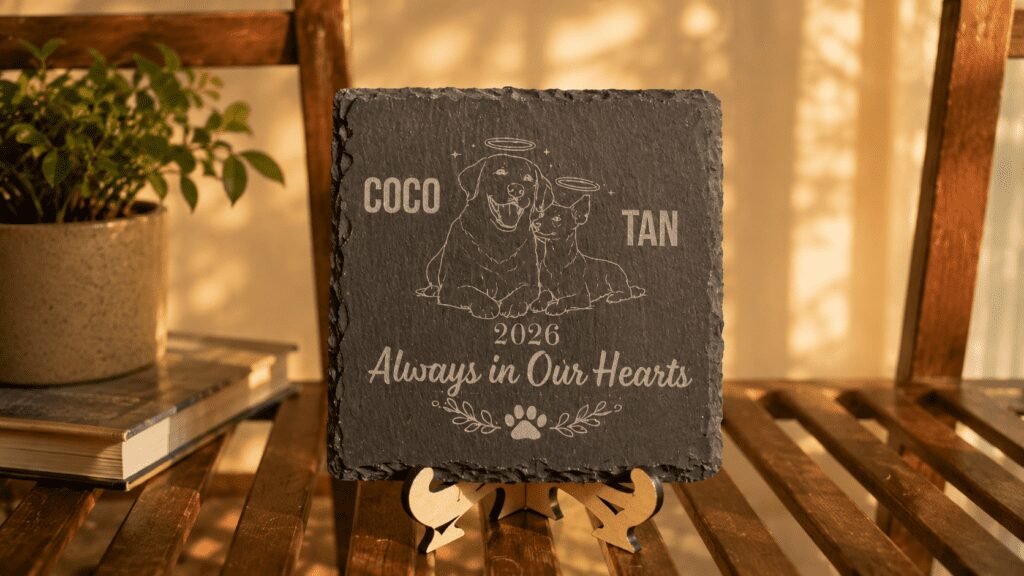 Warm lifestyle product photo of a personalized engraved slate memorial coaster displayed upright on a wooden easel, featuring a dog and cat illustration with the names “Coco” and “Tan” and the phrase “Always in Our Hearts.”