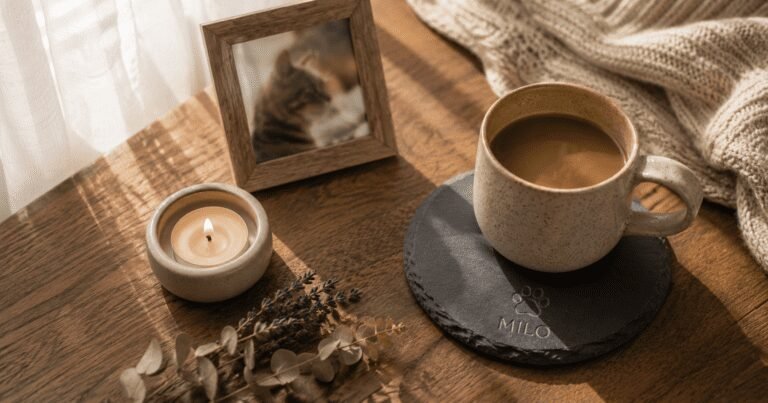 Warm cozy memorial flat lay with a ceramic coffee mug on a personalized engraved slate coaster, candle, framed cat photo, dried lavender, and knitted blanket in golden sunlight.