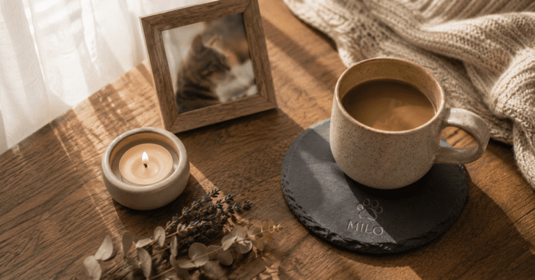Warm cozy memorial flat lay with a ceramic coffee mug on a personalized engraved slate coaster, candle, framed cat photo, dried lavender, and knitted blanket in golden sunlight.