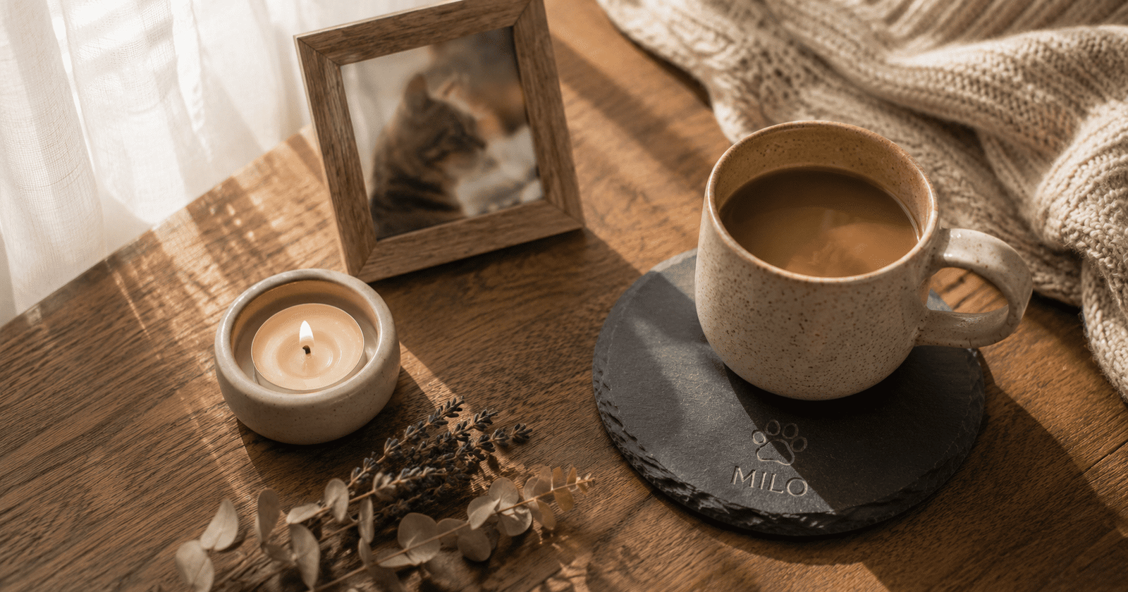 Warm cozy memorial flat lay with a ceramic coffee mug on a personalized engraved slate coaster, candle, framed cat photo, dried lavender, and knitted blanket in golden sunlight.