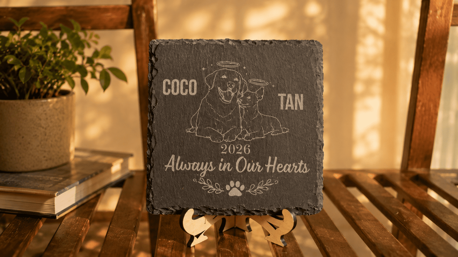 Gold personalized pet keychain hanging from a wooden rod, featuring an engraved cat portrait, the name “MIA,” a heart charm, and a paw charm in warm neutral lighting.