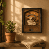 Personalized wooden pet memorial shadow box displayed on a warm sunlit wall above a rustic shelf with a potted succulent and folded linen cloth.