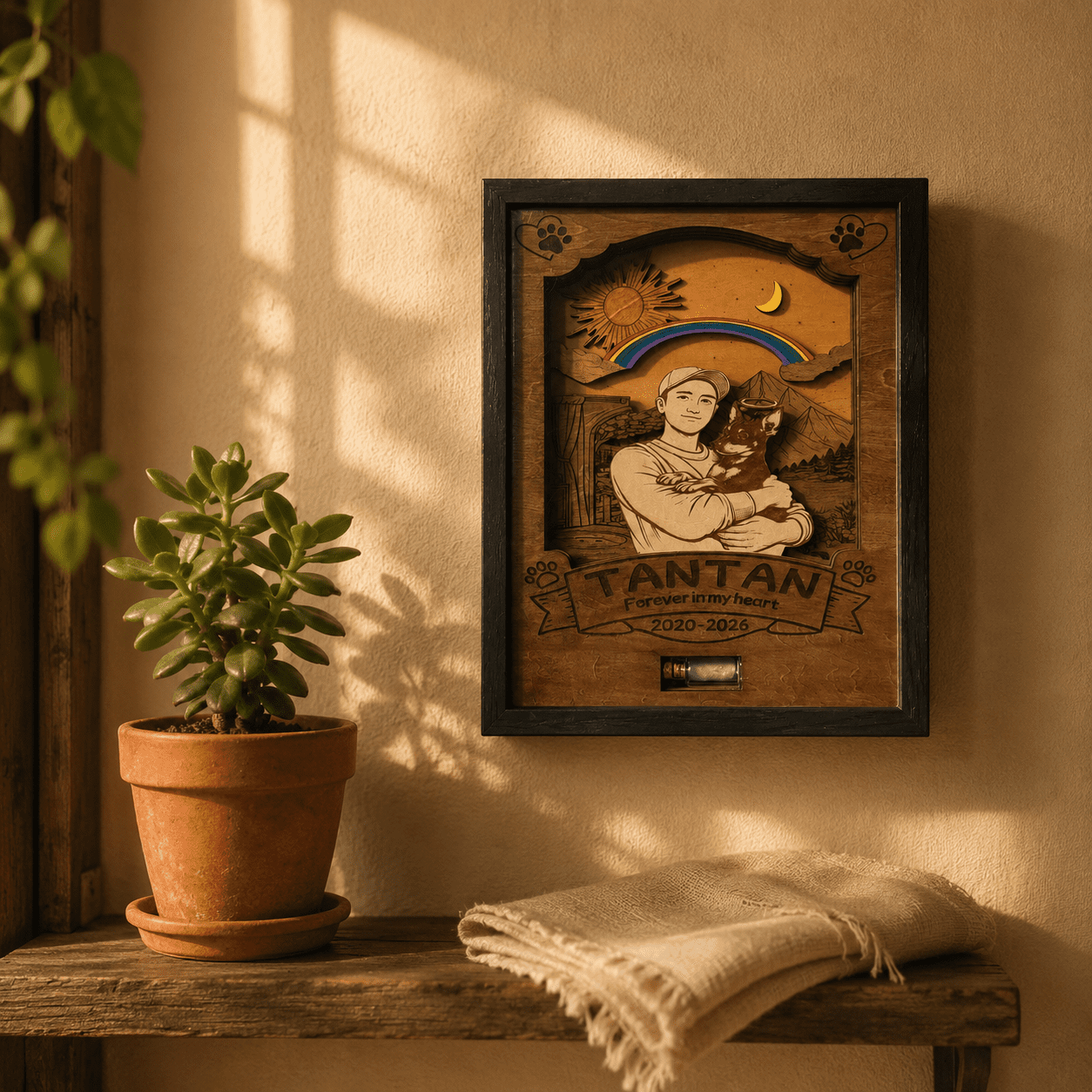 Personalized wooden pet memorial shadow box displayed on a warm sunlit wall above a rustic shelf with a potted succulent and folded linen cloth.