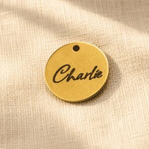 Personalized gold-tone paw print earring charm engraved with the name "Charlie," displayed on soft beige linen fabric in warm natural light.