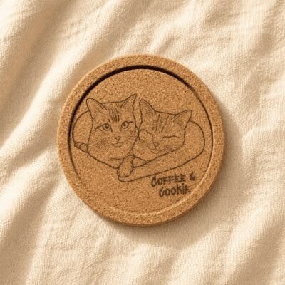 Hero product photo of a personalized engraved cork coaster featuring two cuddling orange tabby cats and the text “Coffee & Cookie,” placed on soft cream linen fabric under warm natural light.